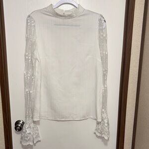 White Lace-Sleeve Mock Neck Blouse